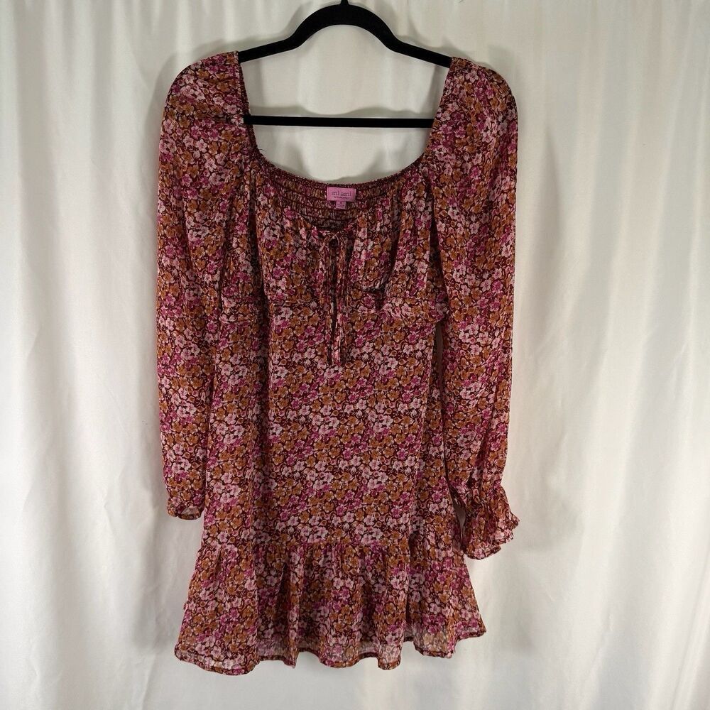 Mi Ami Mini Dress Women's Small Pink Floral Long Sleeve Balloon Sleeve Vneck